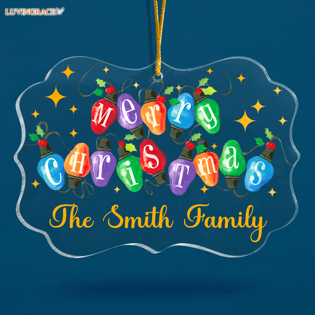 Colorful Light Merry Christmas Family Name Personalized Transparent Ornament