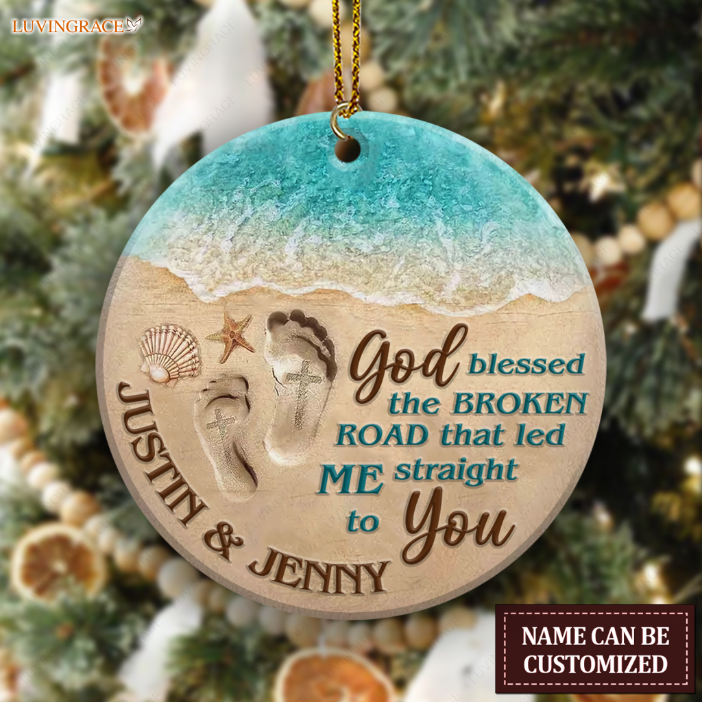 Couple Footprint On Beach God Blessed Personalized Ornament Ceramic
