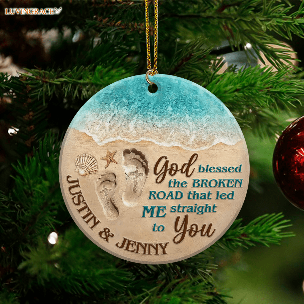 Couple Footprint On Beach God Blessed Personalized Ornament Ceramic