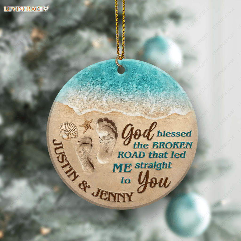 Couple Footprint On Beach God Blessed Personalized Ornament Ceramic