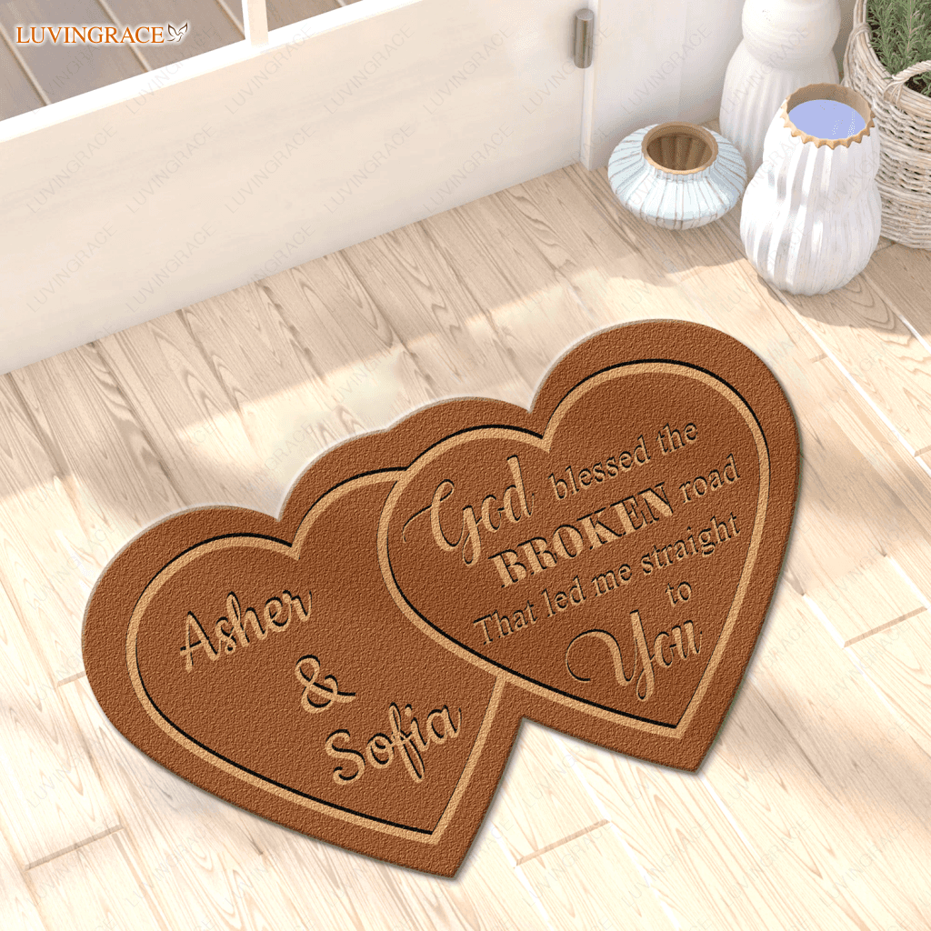 Couple Hearts God Blessed Personalized Shaped Luxurious Doormat