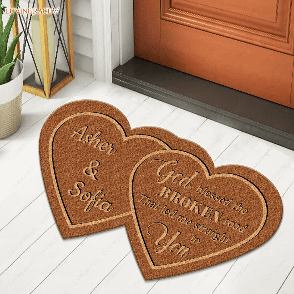 Couple Hearts God Blessed Personalized Shaped Luxurious Doormat
