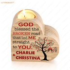Couple Red Bird On Tree God Blessed Personalized Candle Holder Heart Shaped