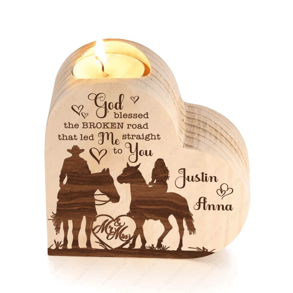Cowboy And Cowgirl Couple Heart God Blessed Personalized Candle Holder