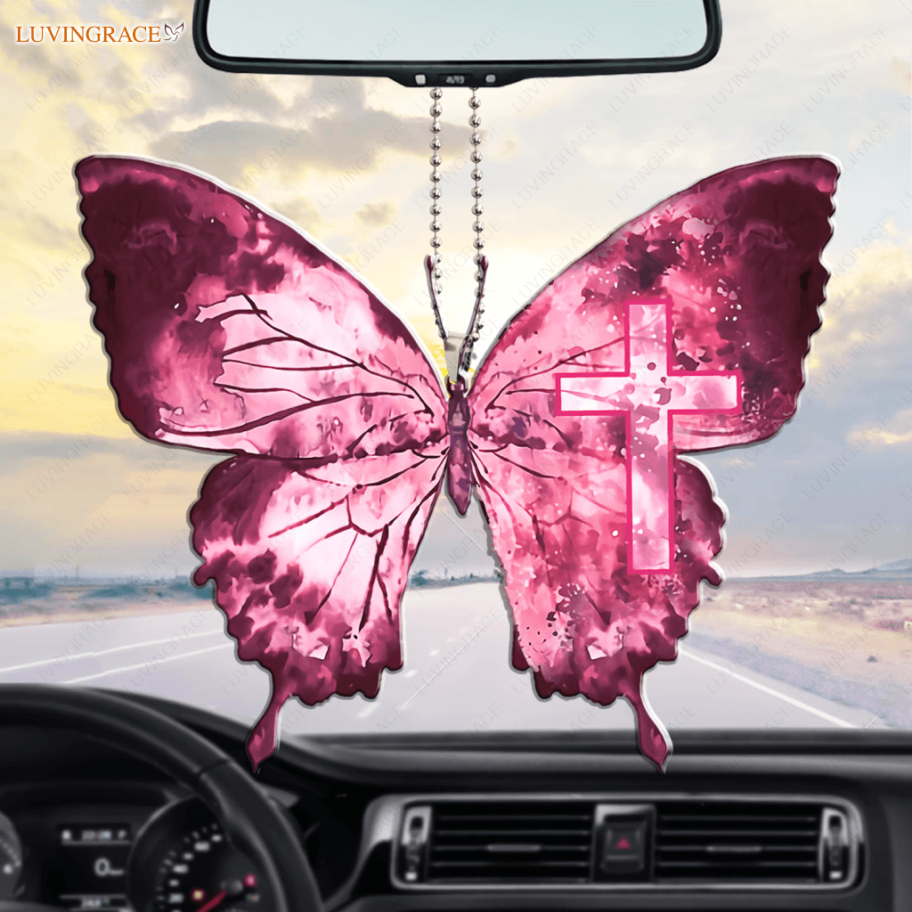 Cross Pink Butterfly Ornament