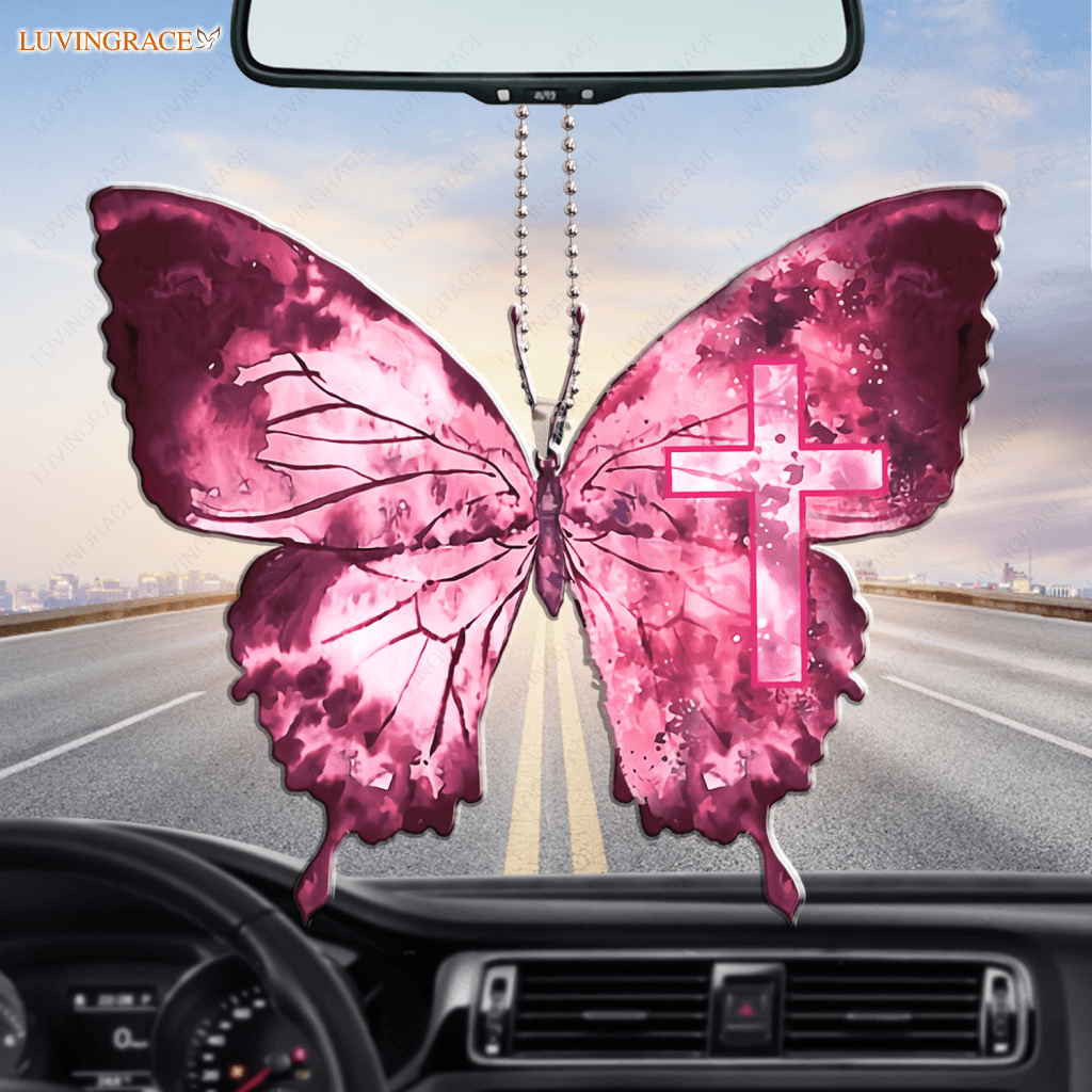 Cross Pink Butterfly Ornament