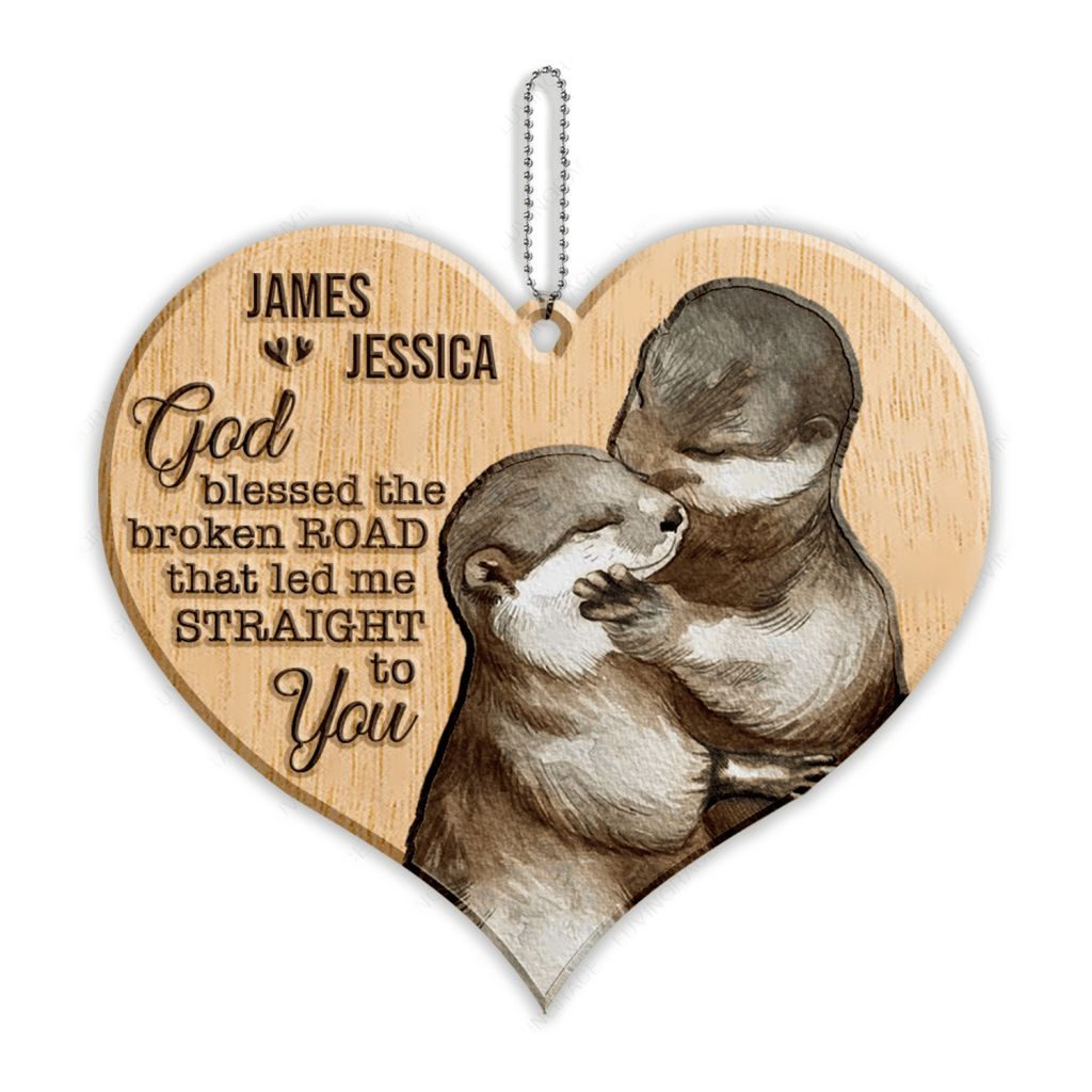 Cuddling Otter Couple God Blessed Personalized Wood Engraved Ornaments