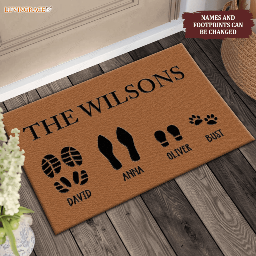 Custom Footprint Family & Pet Name Brown Doormat