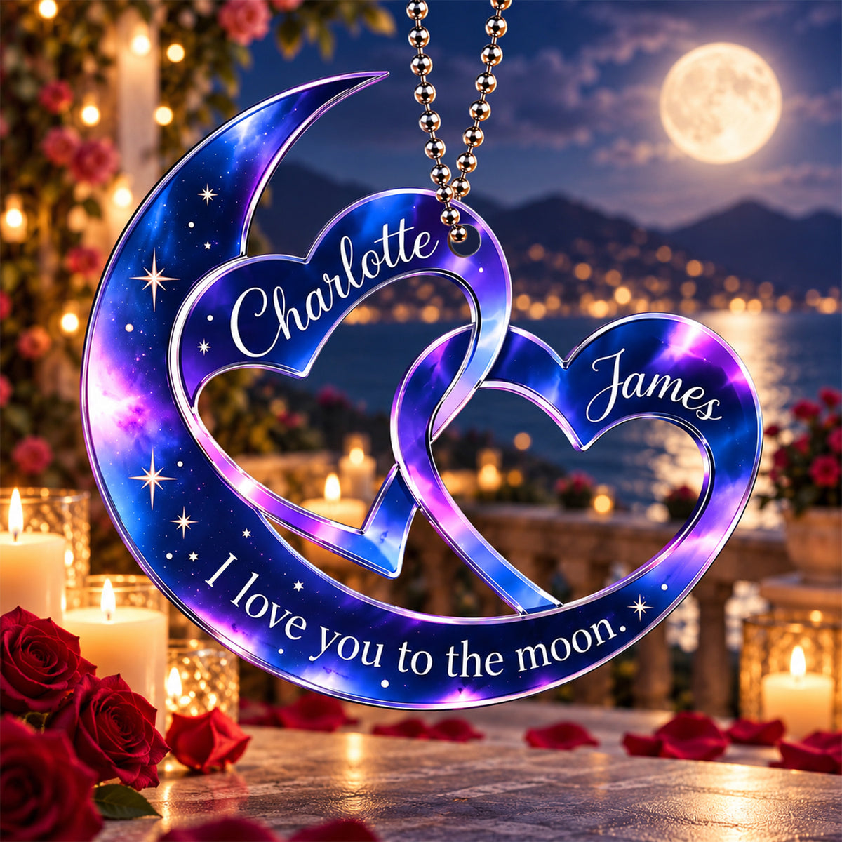 Personalized Names Moon & Interlocking Hearts Ornament – Romantic Gift for Couple
