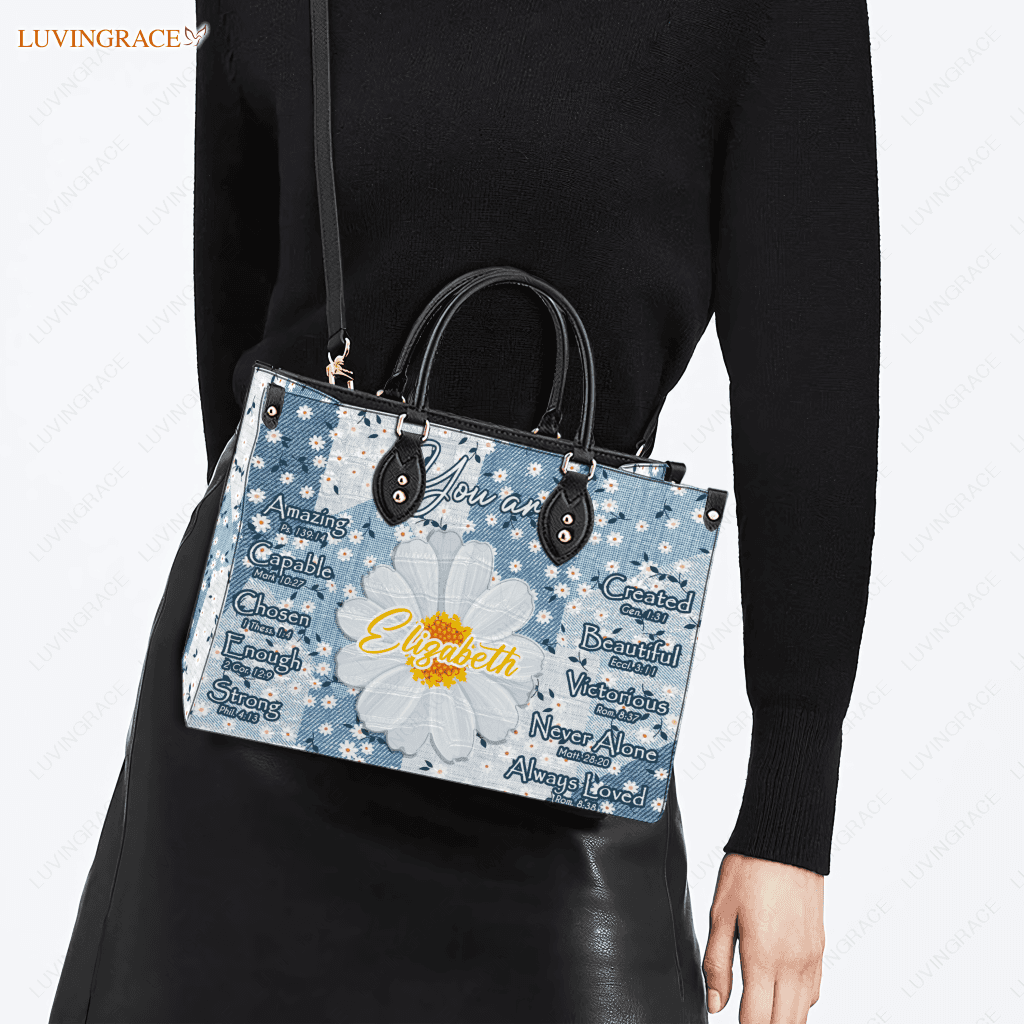 Daisy Flower On Jean Pattern Identity In Christ You Are - Personalized Custom Leather Bag Handbags