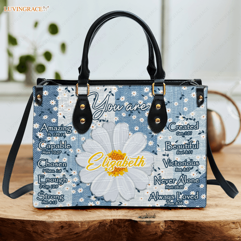 Daisy Flower On Jean Pattern Identity In Christ You Are - Personalized Custom Leather Bag Handbags