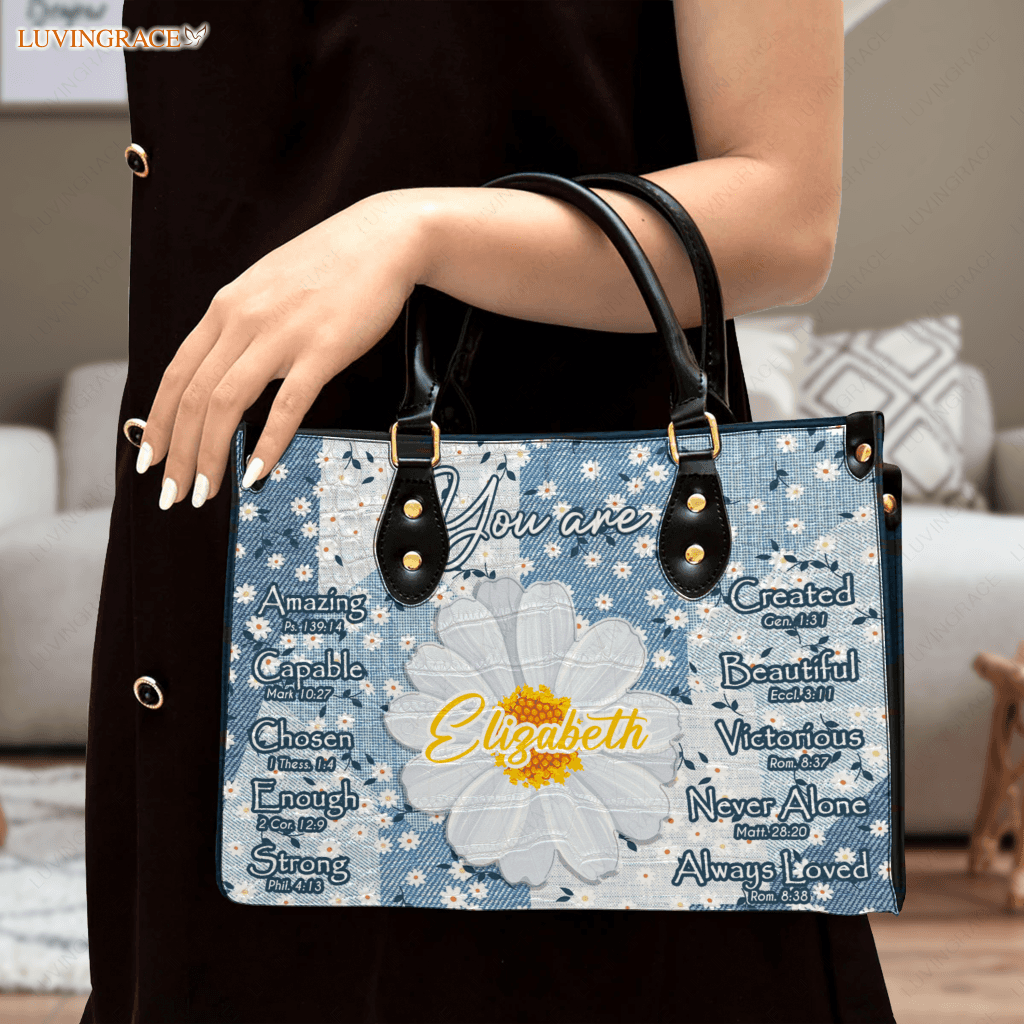 Daisy Flower On Jean Pattern Identity In Christ You Are - Personalized Custom Leather Bag Handbags