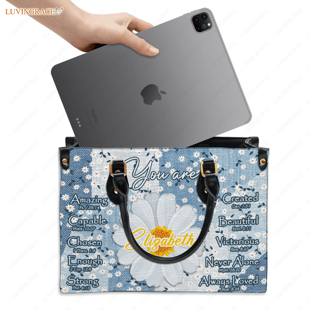 Daisy Flower On Jean Pattern Identity In Christ You Are - Personalized Custom Leather Bag Handbags