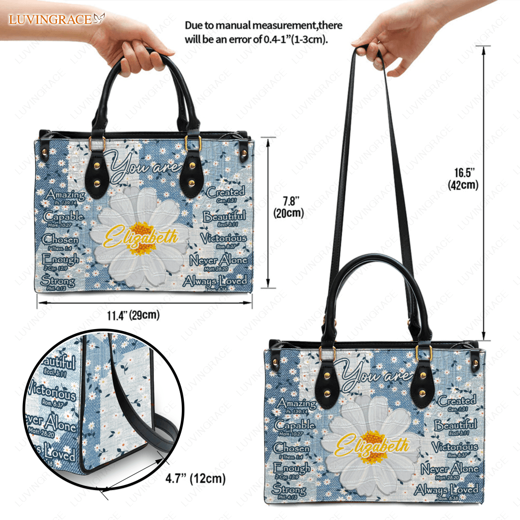 Daisy Flower On Jean Pattern Identity In Christ You Are - Personalized Custom Leather Bag Handbags