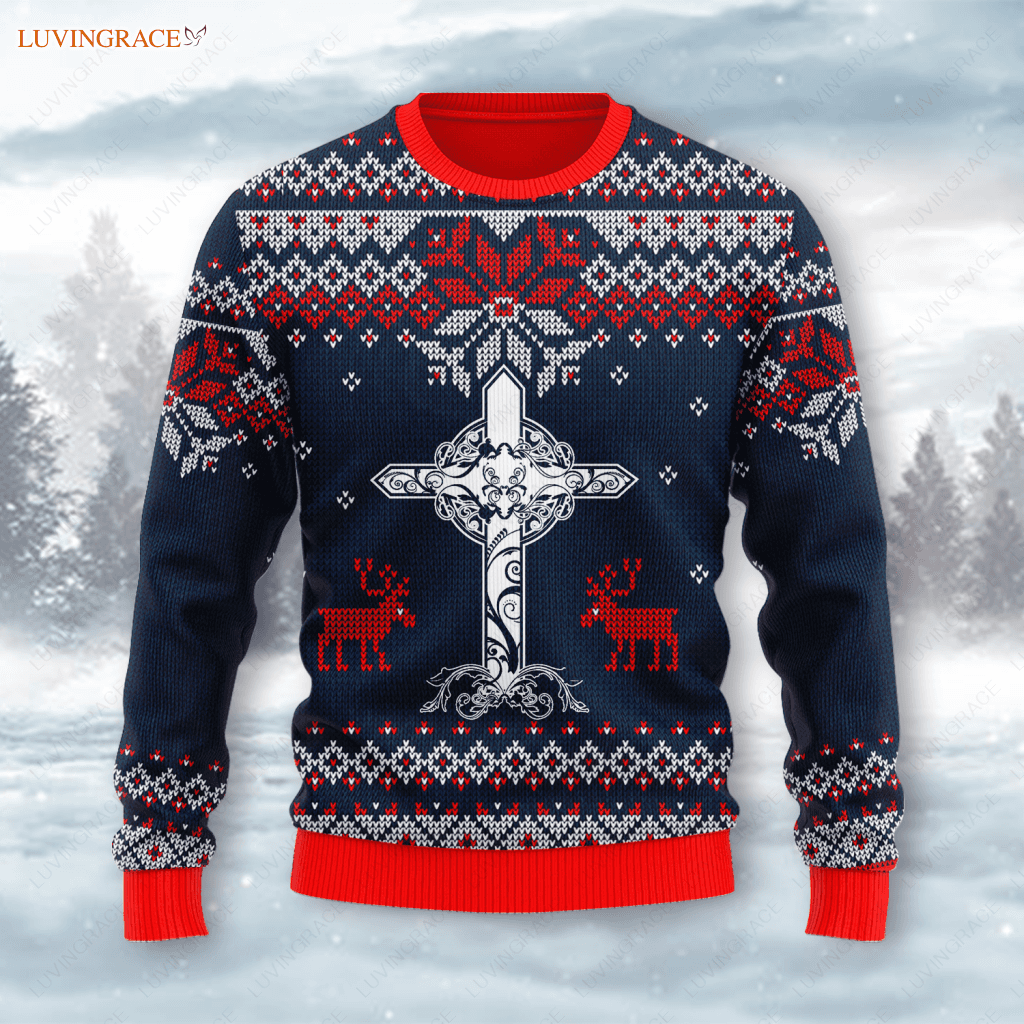 Dark Blue Christian Cross Reindeer Wool Knitted Snow Christmas Pattern Ugly Sweater S Sweatshirt