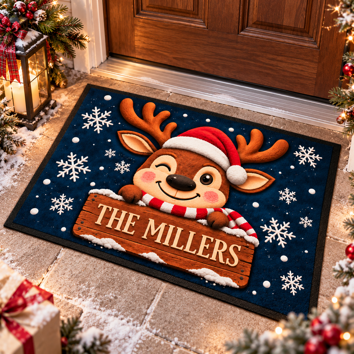 Personalized Family Name Christmas Reindeer Doormat – Cute Holiday Welcome Mat