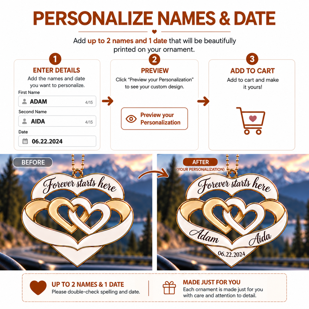 Personalized Names & Date Interlocking Hearts Ornament - Forever Starts Here Couple Car Ornament - Anniversary Gift for Husband & Wife, Wedding Gift for Couples