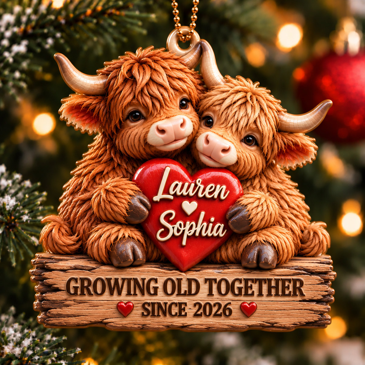 Personalized Names Highland Cow Couple 3D Ornament – Growing Old Together