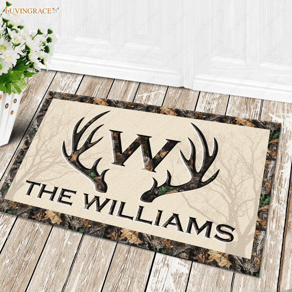 Deer Antlers Camo Family Monogram Personalized Doormat
