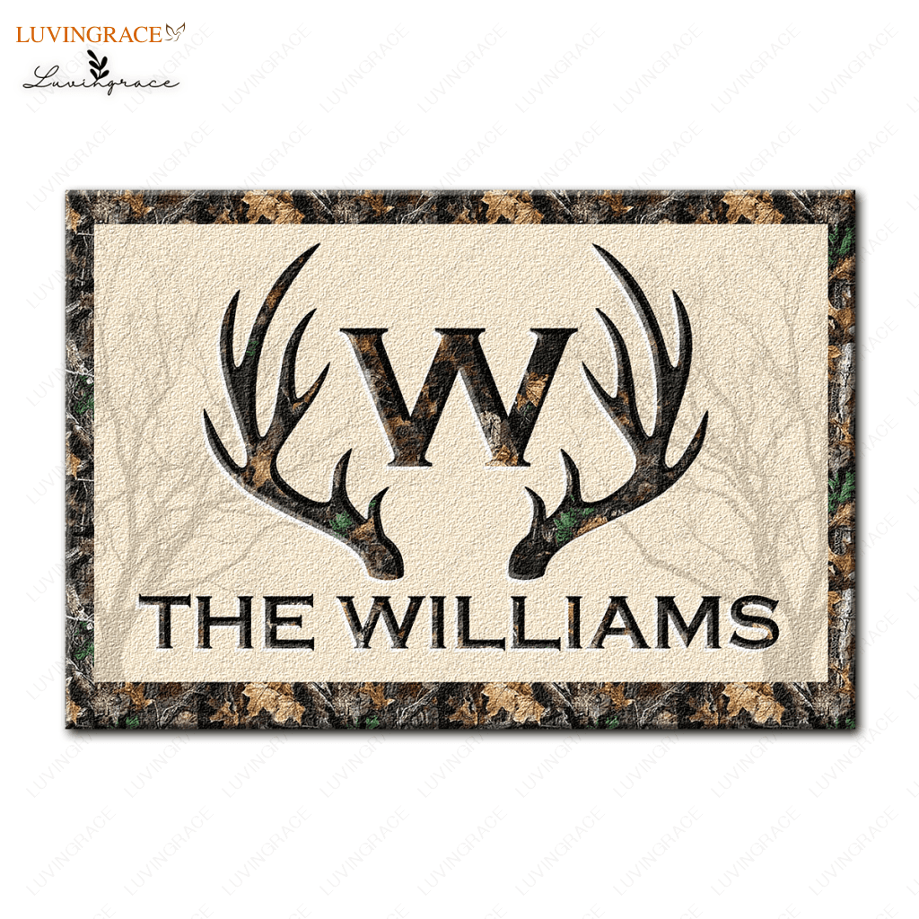 Deer Antlers Camo Family Monogram Personalized Doormat