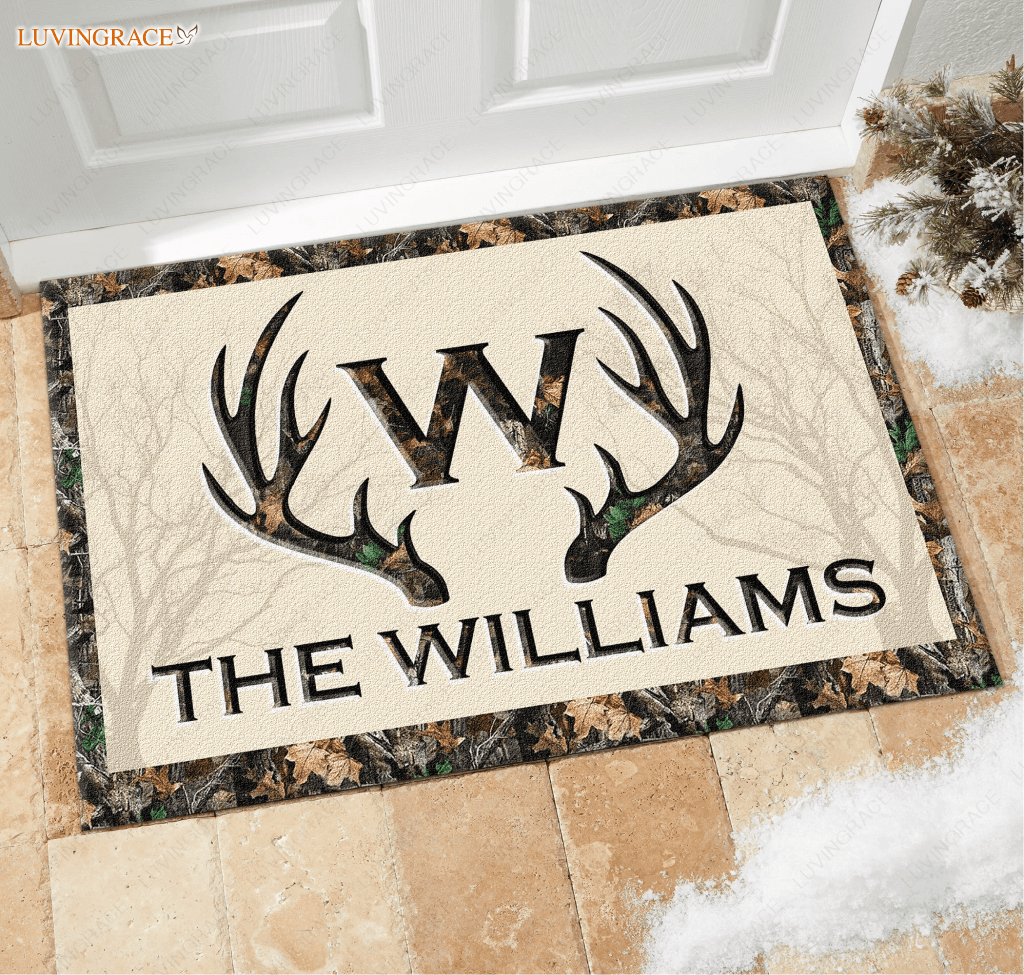 Deer Antlers Camo Family Monogram Personalized Doormat