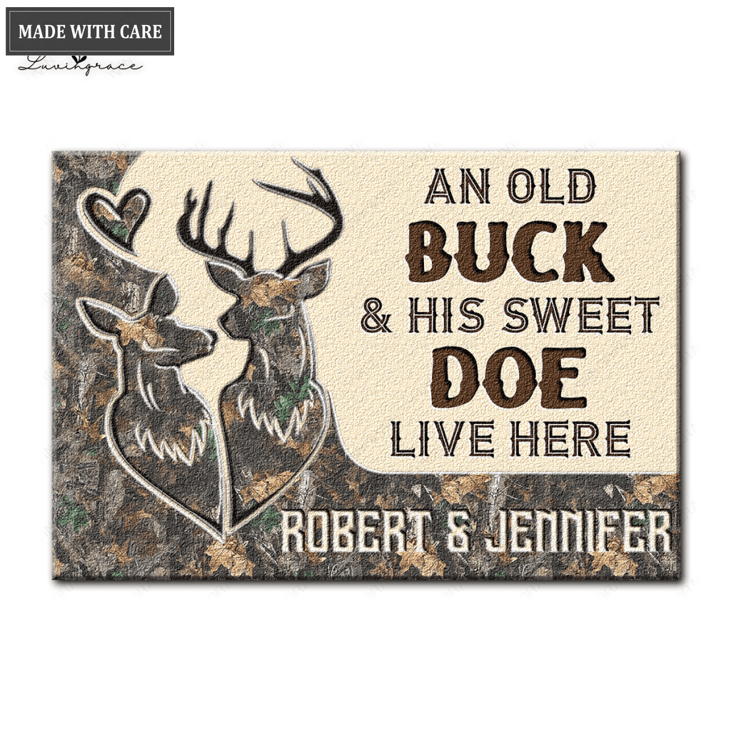 Deer Camo Old Buck And Doe Personalized Doormat