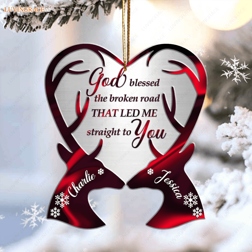 Deer Couple Heart God Blessed Personalized Ornament