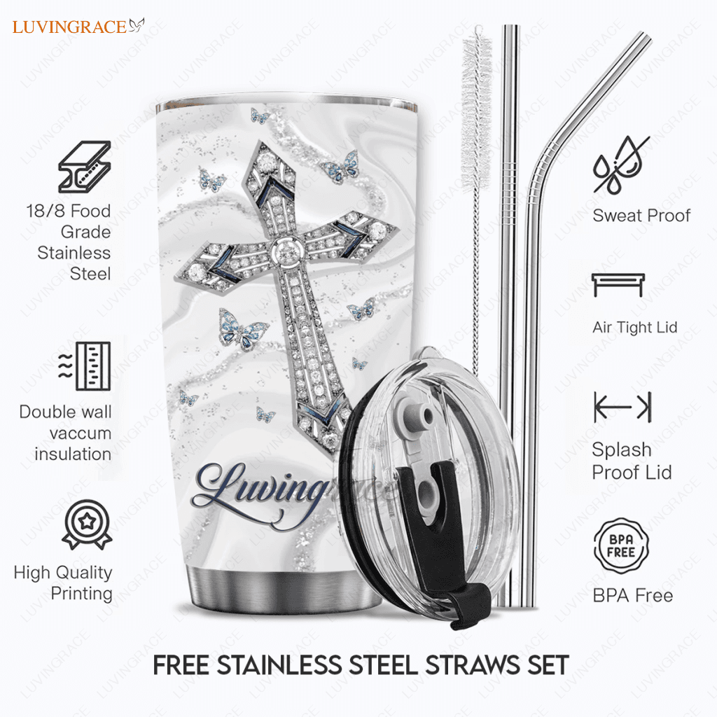 Diamond Cross And Butterfly As For Me My House Personalized Tumbler