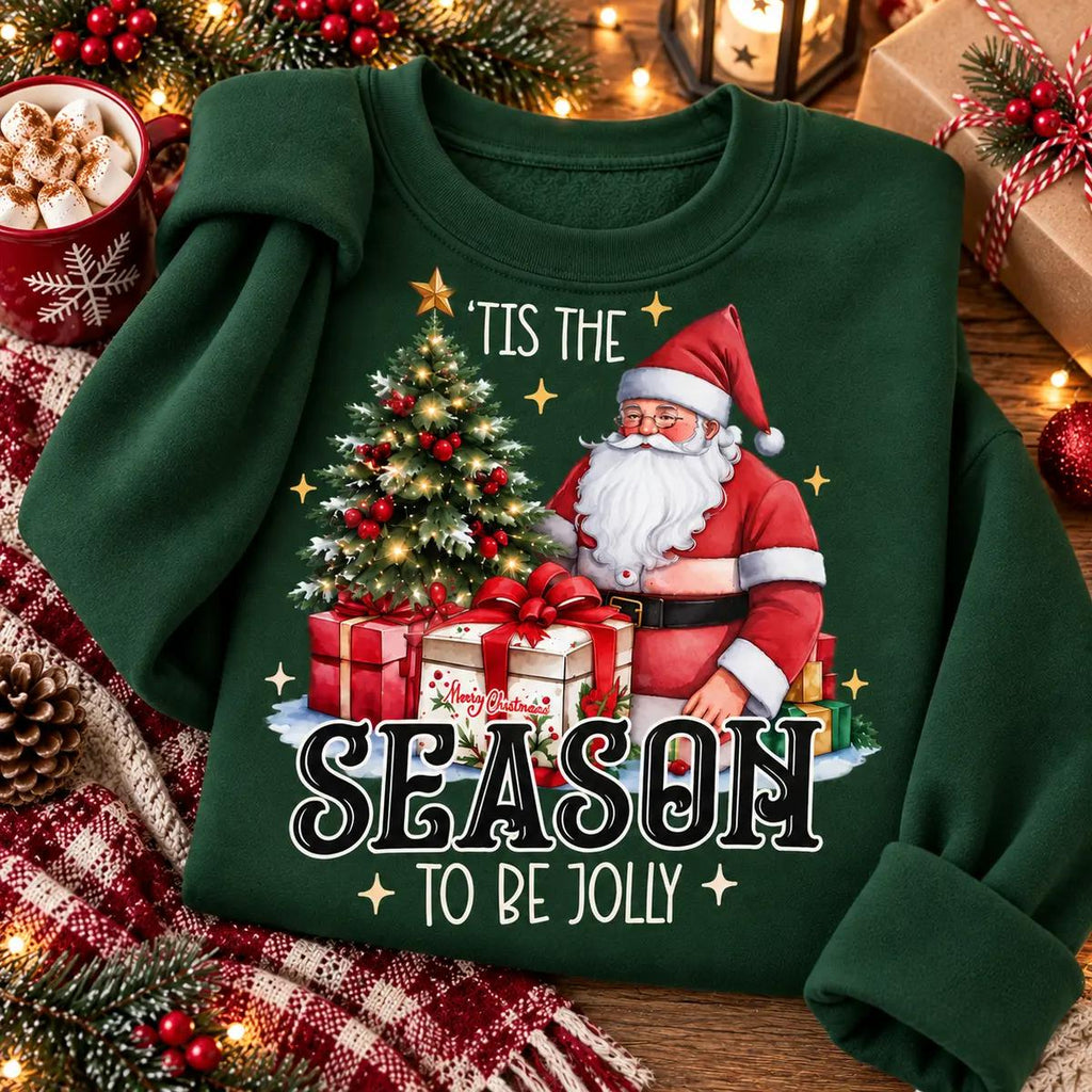 Christmas Santa Graphic Sweatshirt for Women, Christmas Tree and Presents Crewneck Pullover, Festive Holiday Winter Top, Cozy Christmas Party Outfit, Seasonal Gift