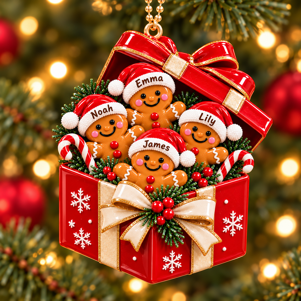 Personalized Gingerbread Gift Box 3D Ornament – Custom Names Christmas Gift