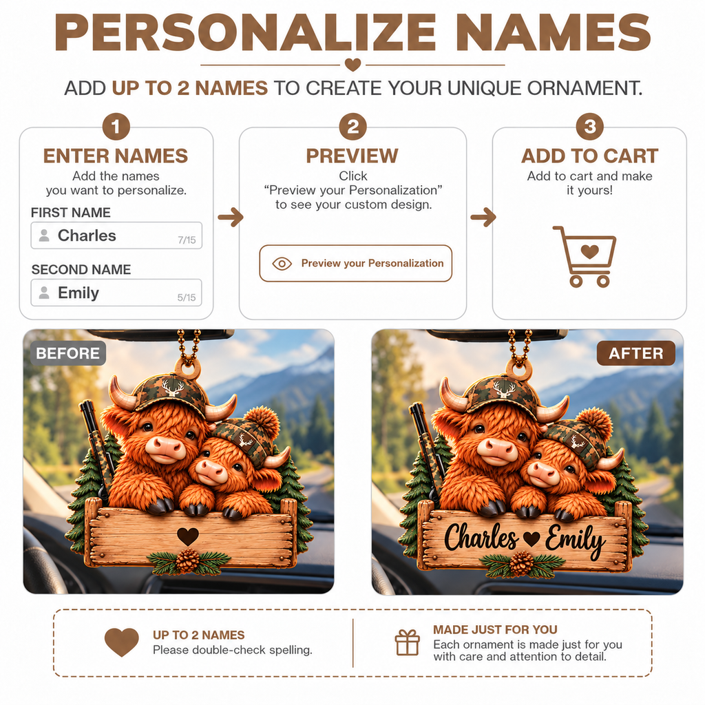 Personalized Names Highland Cow Couple 3D Ornament – Hunting Lovers Gift