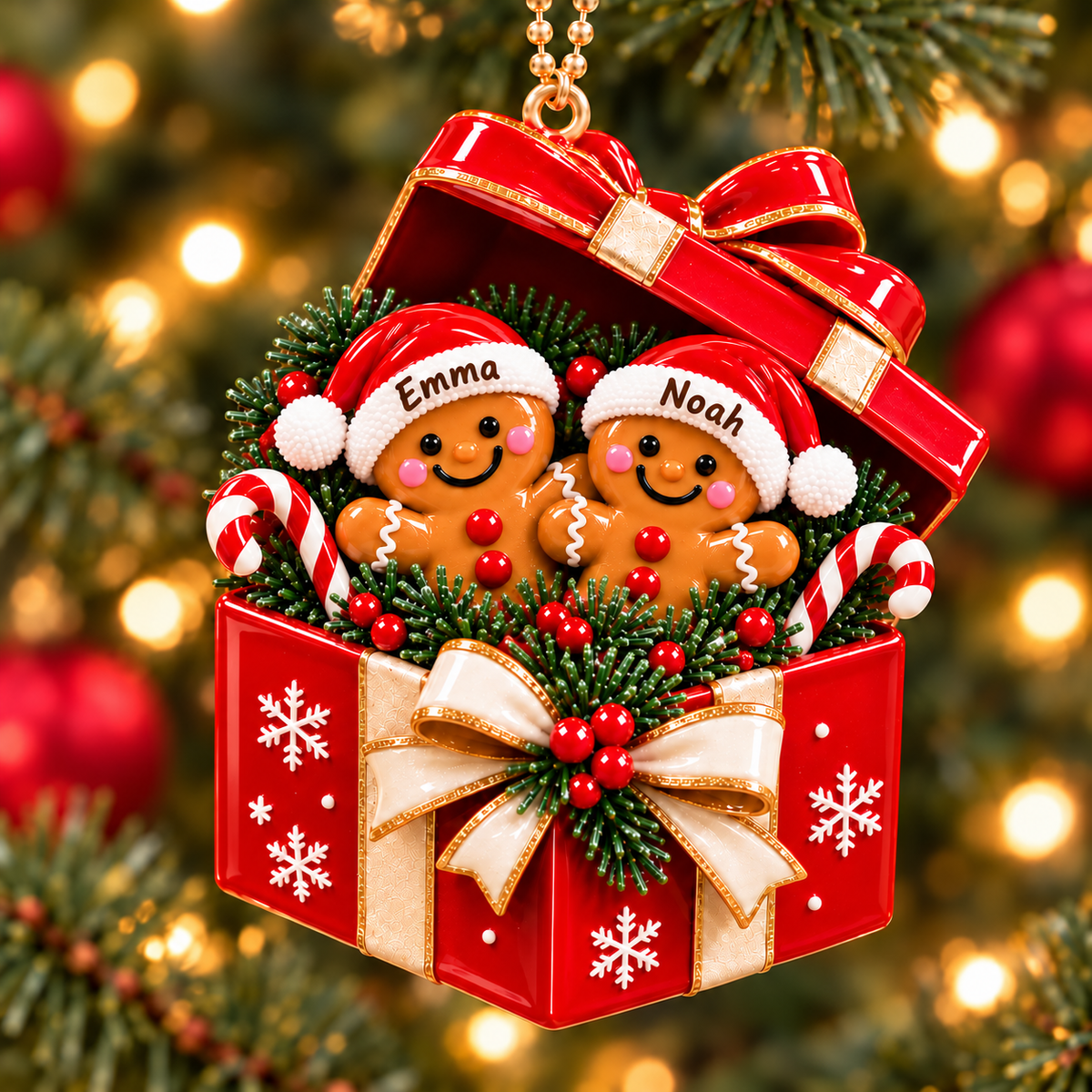 Personalized Gingerbread Gift Box 3D Ornament – Custom Names Christmas Gift