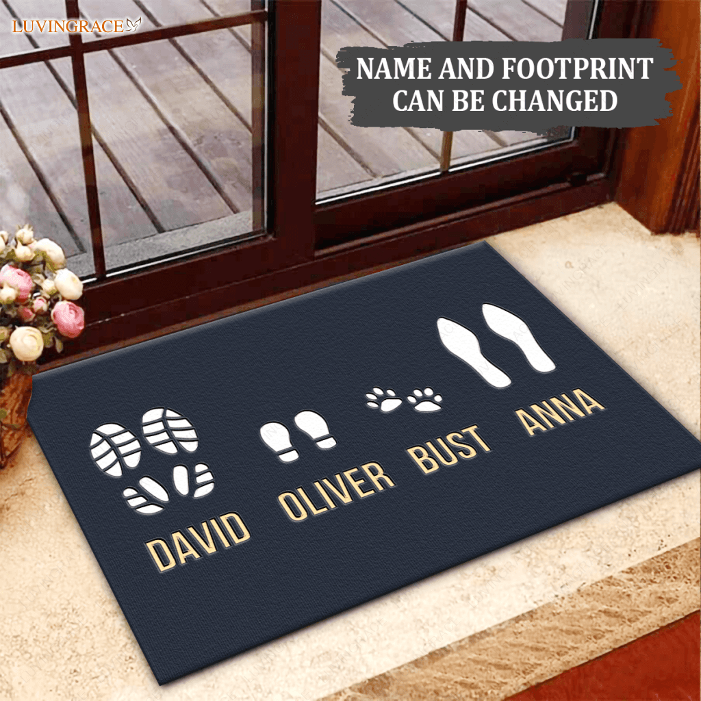 Elegant Custom Footprint Family & Pet Name Navy Doormat