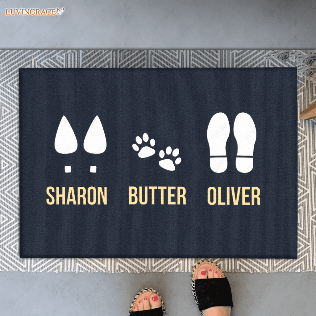 Elegant Custom Footprint Family & Pet Name Navy Doormat