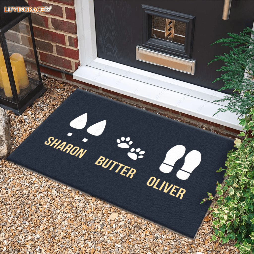 Elegant Custom Footprint Family & Pet Name Navy Doormat