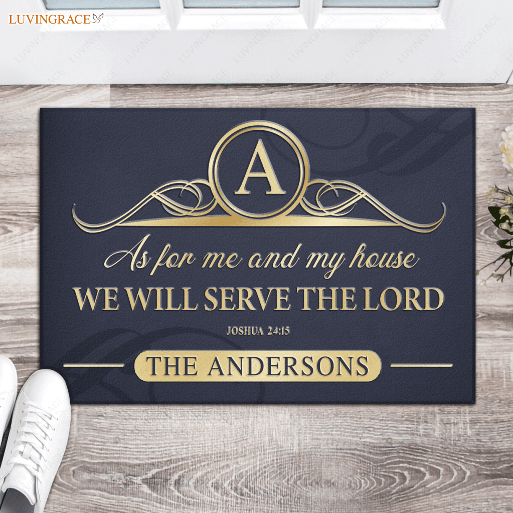 Elegant Navy Ornate Serve The Lord Personalized Doormat