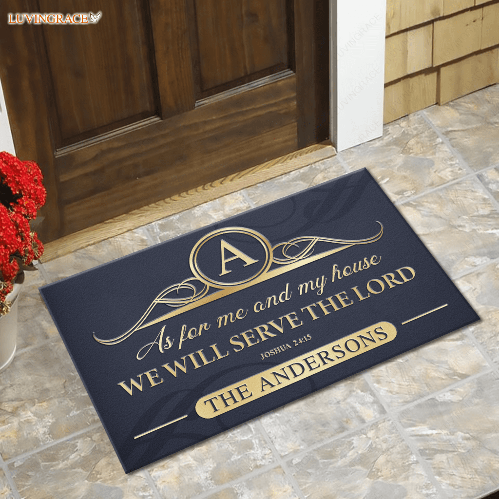 Elegant Navy Ornate Serve The Lord Personalized Doormat