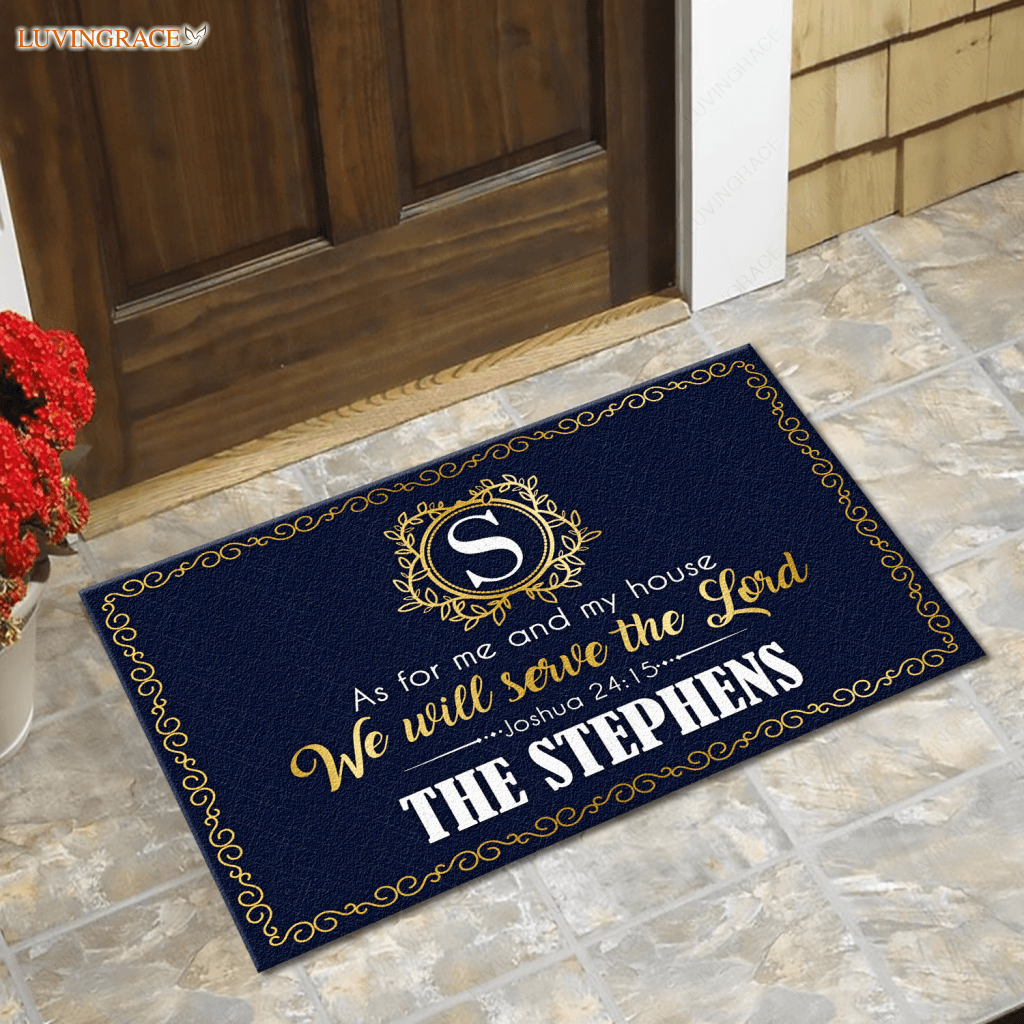 Elegant Navy Serve The Lord Personalized Doormat