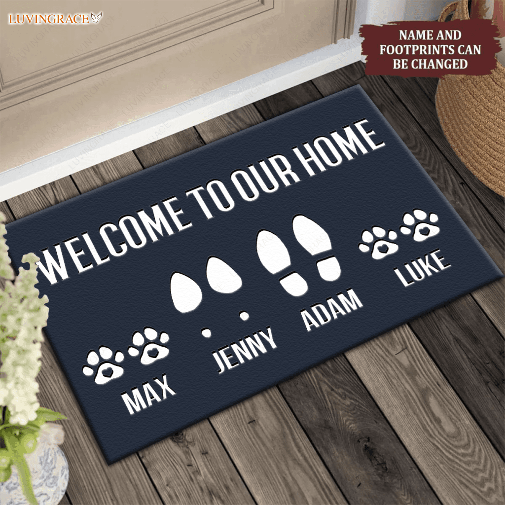 Elegant Navy Welcome To Our Home Custom Footprint Doormat