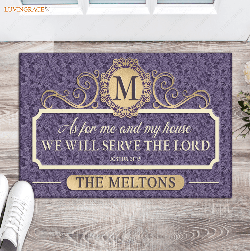 Elegant Purple Family Home Serve The Lord Personalized Doormat