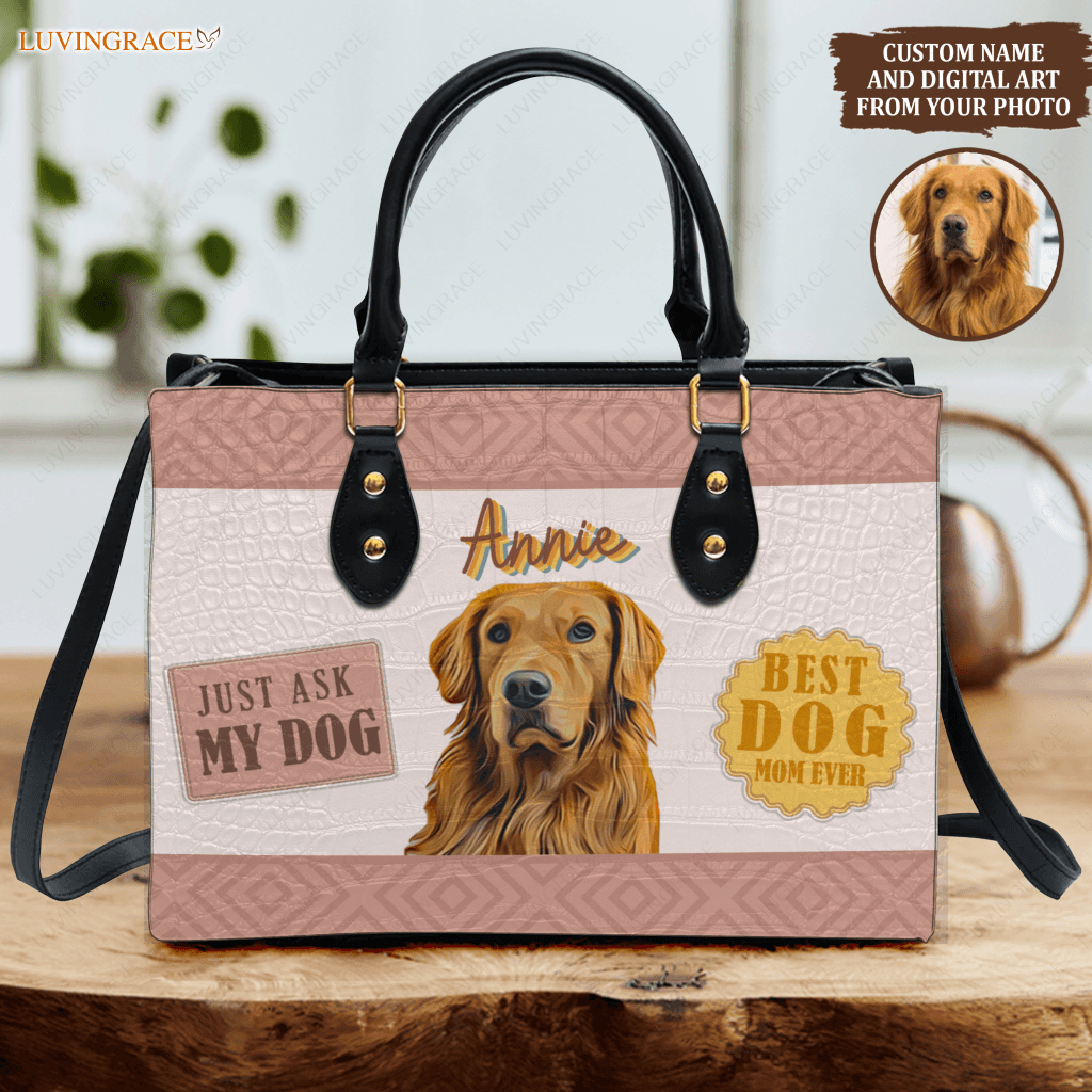 Elegant Vintage Best Dog Mom Ever - Personalized Custom Leather Bag Handbags