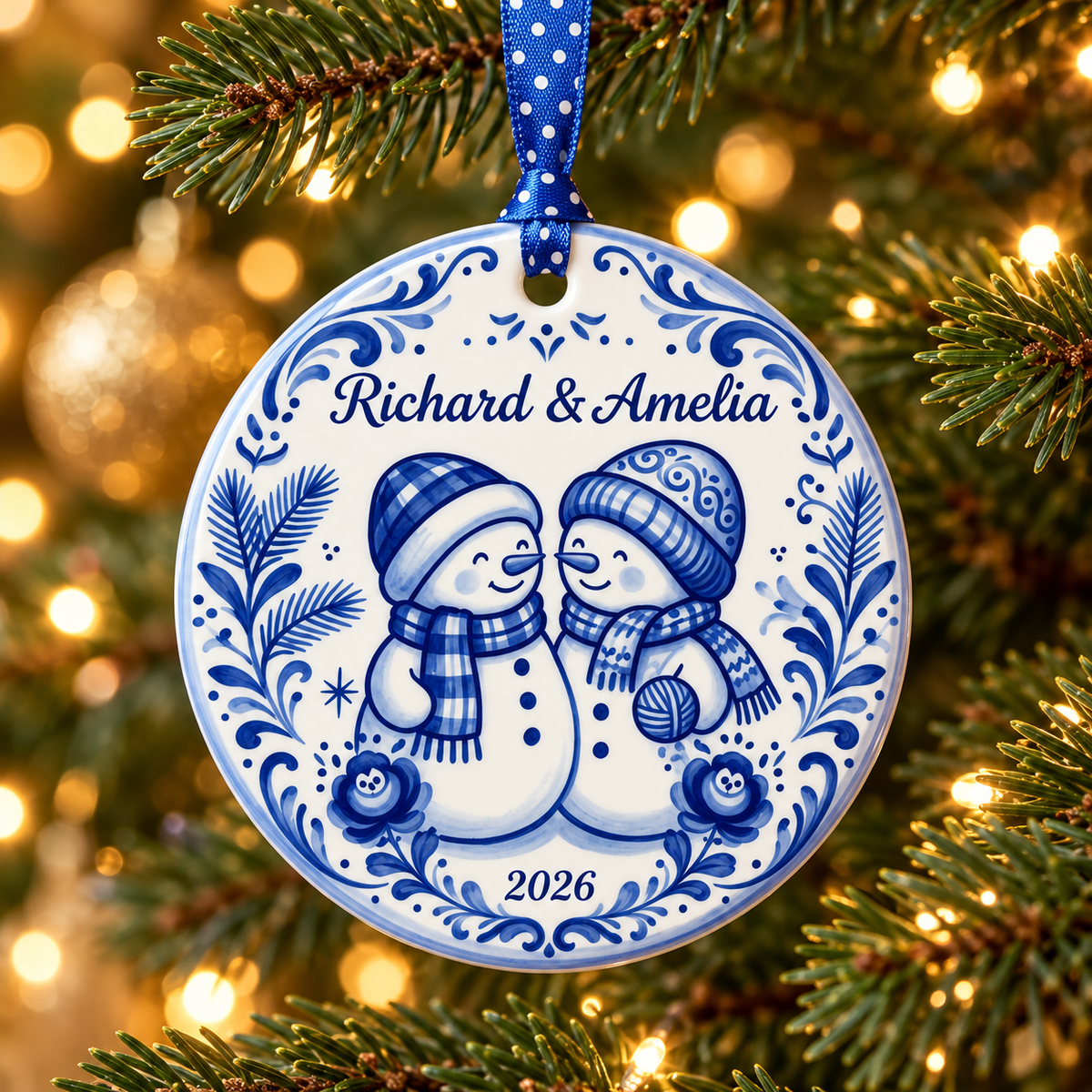 Delft Blue Snowman Couple Vintage Decor - Personalized Ceramic Ornament