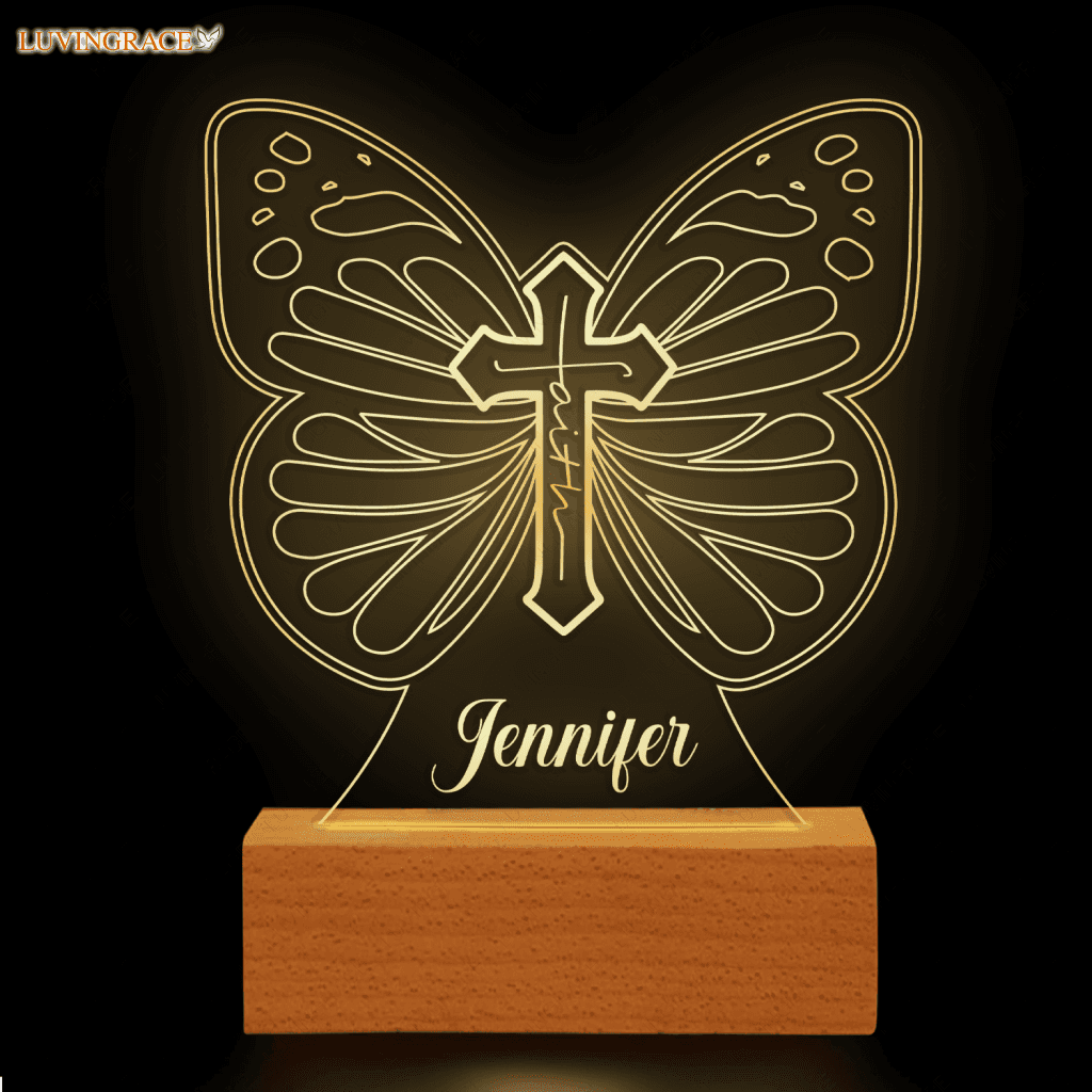 Faith Cross Butterfly Personalized Acrylic Seven Colors Night Light