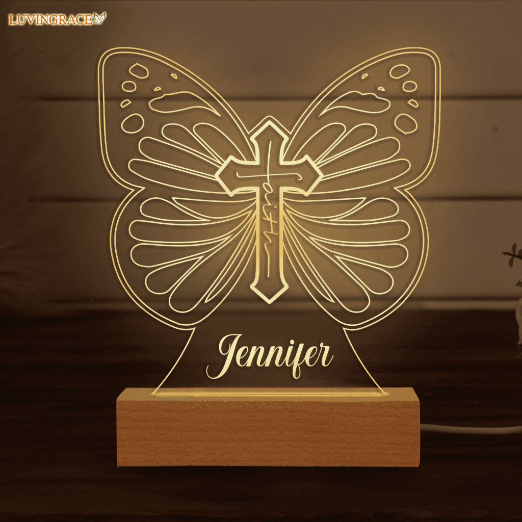 Faith Cross Butterfly Personalized Acrylic Seven Colors Night Light