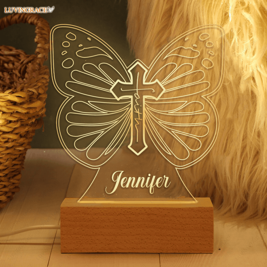Faith Cross Butterfly Personalized Acrylic Seven Colors Night Light