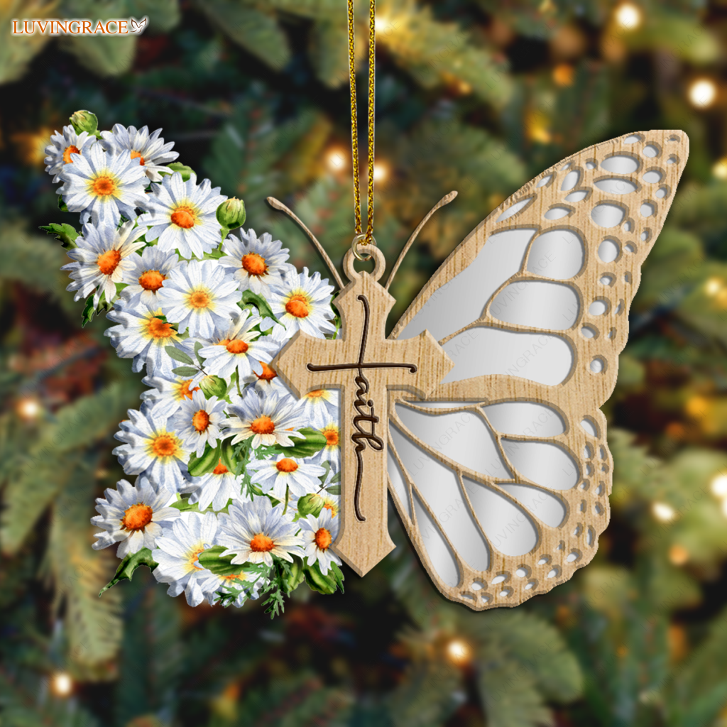 Faith Daisy Flowers Cross Butterfly God Jesus Christian Lover Wood Engraved Ornaments Wooden