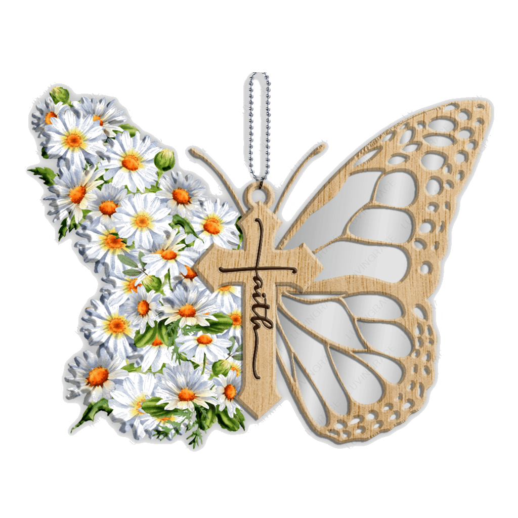 Faith Daisy Flowers Cross Butterfly God Jesus Christian Lover Wood Engraved Ornaments