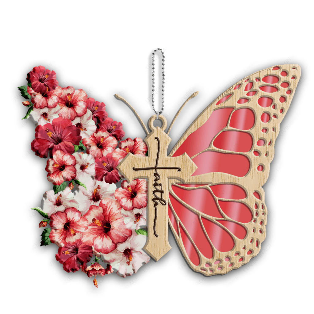 Faith Pink Hibiscus Butterfly God Jesus Cross Christian Lover Wood Engraved Ornaments