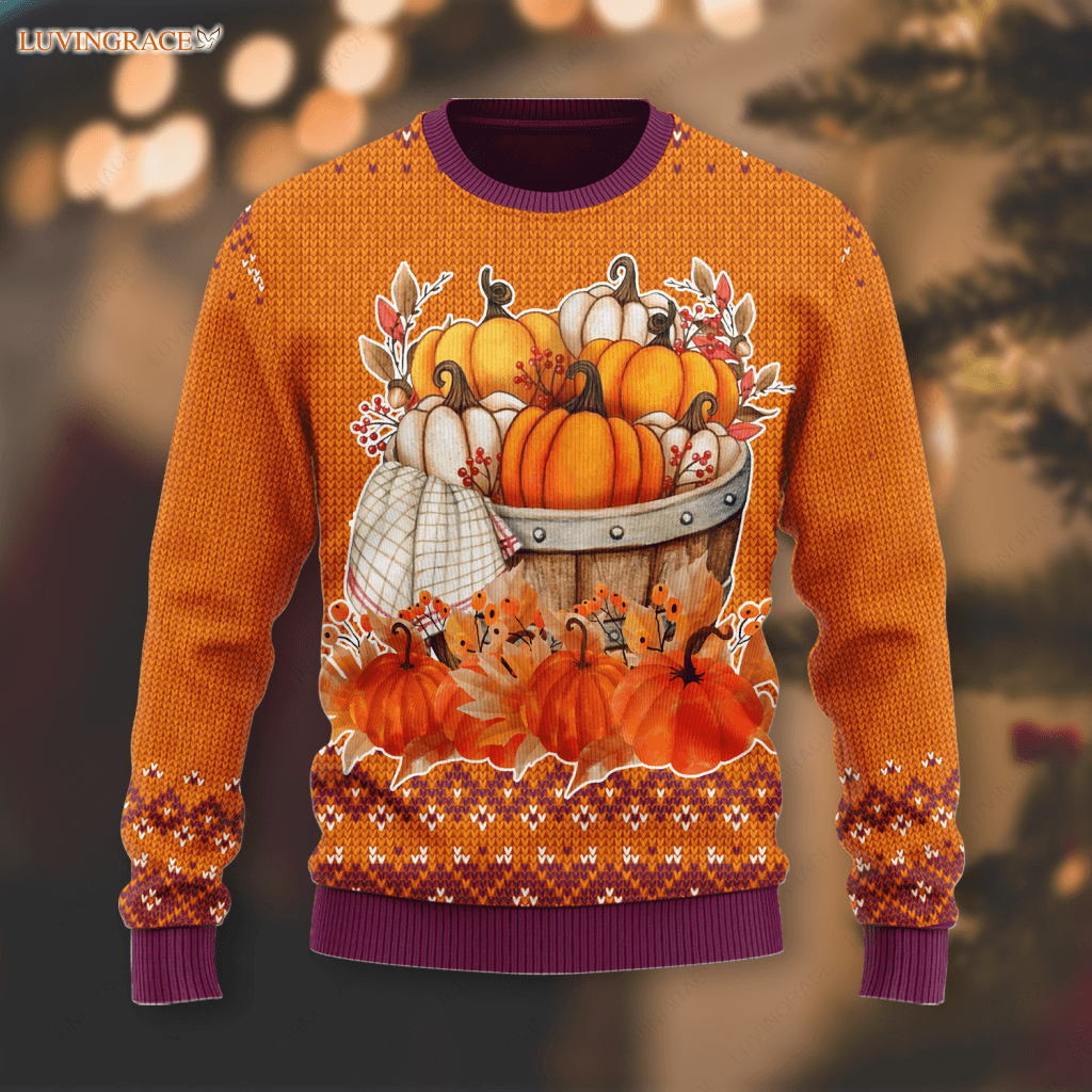Fall Flower Pumpkin Knitted Pattern Happy Thanksgiving Day Ugly Sweater Wool Sweatshirt