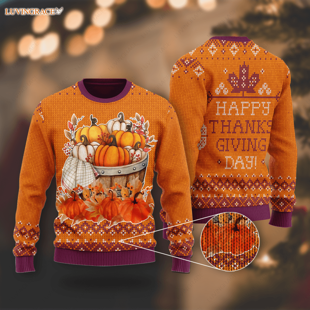 Fall Flower Pumpkin Knitted Pattern Happy Thanksgiving Day Ugly Sweater Wool Sweatshirt
